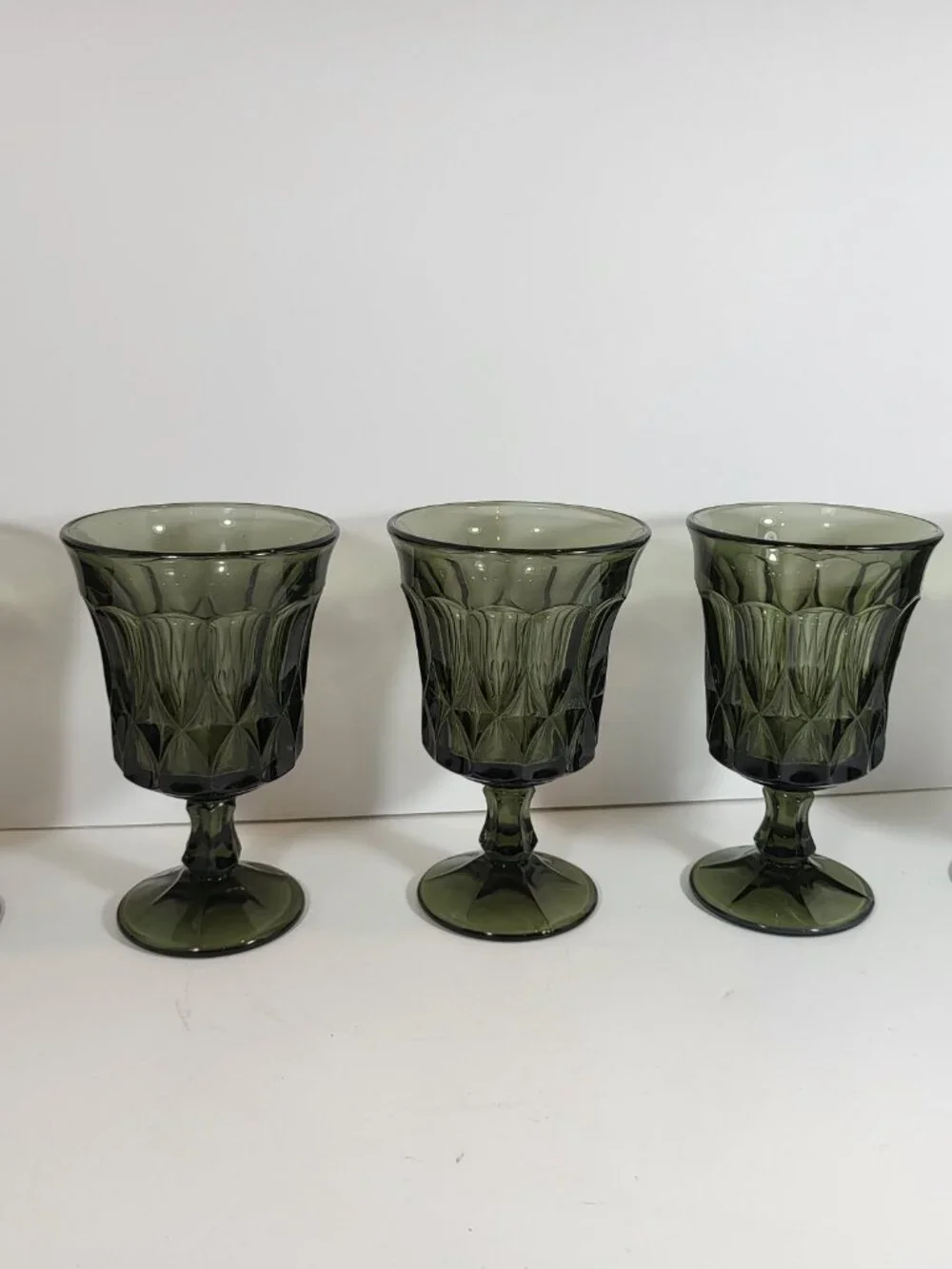 Set of 9(5 Water,4 Wine)1970s Mid Century Modern Avocado Green Pressed Glass Ste